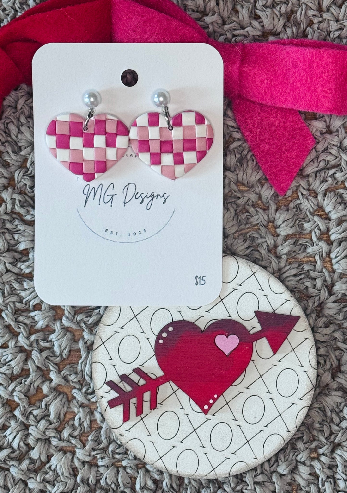 Gingham Heart Dangles with Silver Pearls
