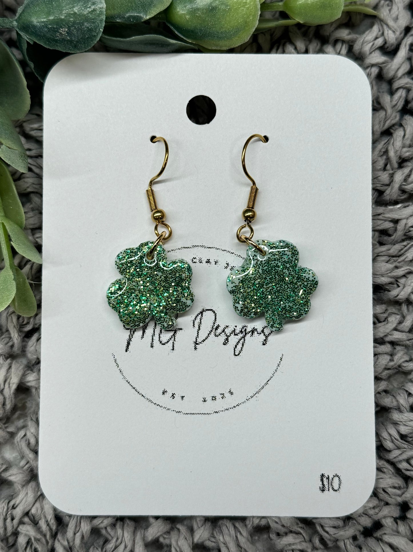 Green and Gold Glitter Shamrock Dangles