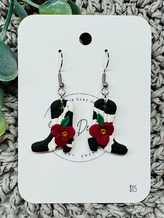 Cow Print Cowboy Boots with Dark Red Flowers