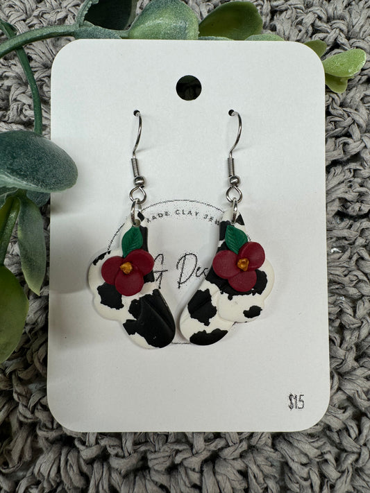 Cow Print Cowboy Hat with Dark Red Flowers